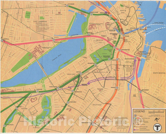 Historic Map : Greater Boston Transit Maps, MBTA Downtown Transit Map 1982 Railroad Catography , Vintage Wall Art