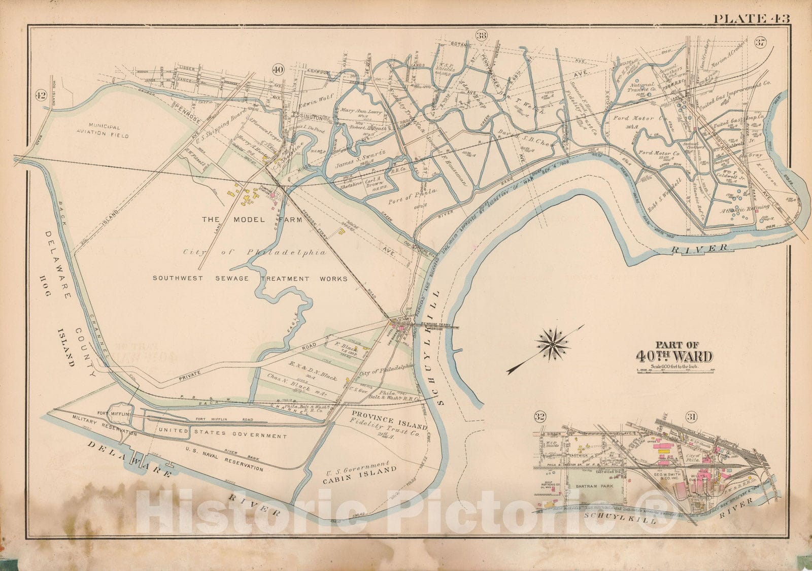 Historic Map : Atlas City of Philadelphia Wards 24,27,34,40,44&46 West Philadelphia, West Philadelphia 1927 Plate 043 , Vintage Wall Art