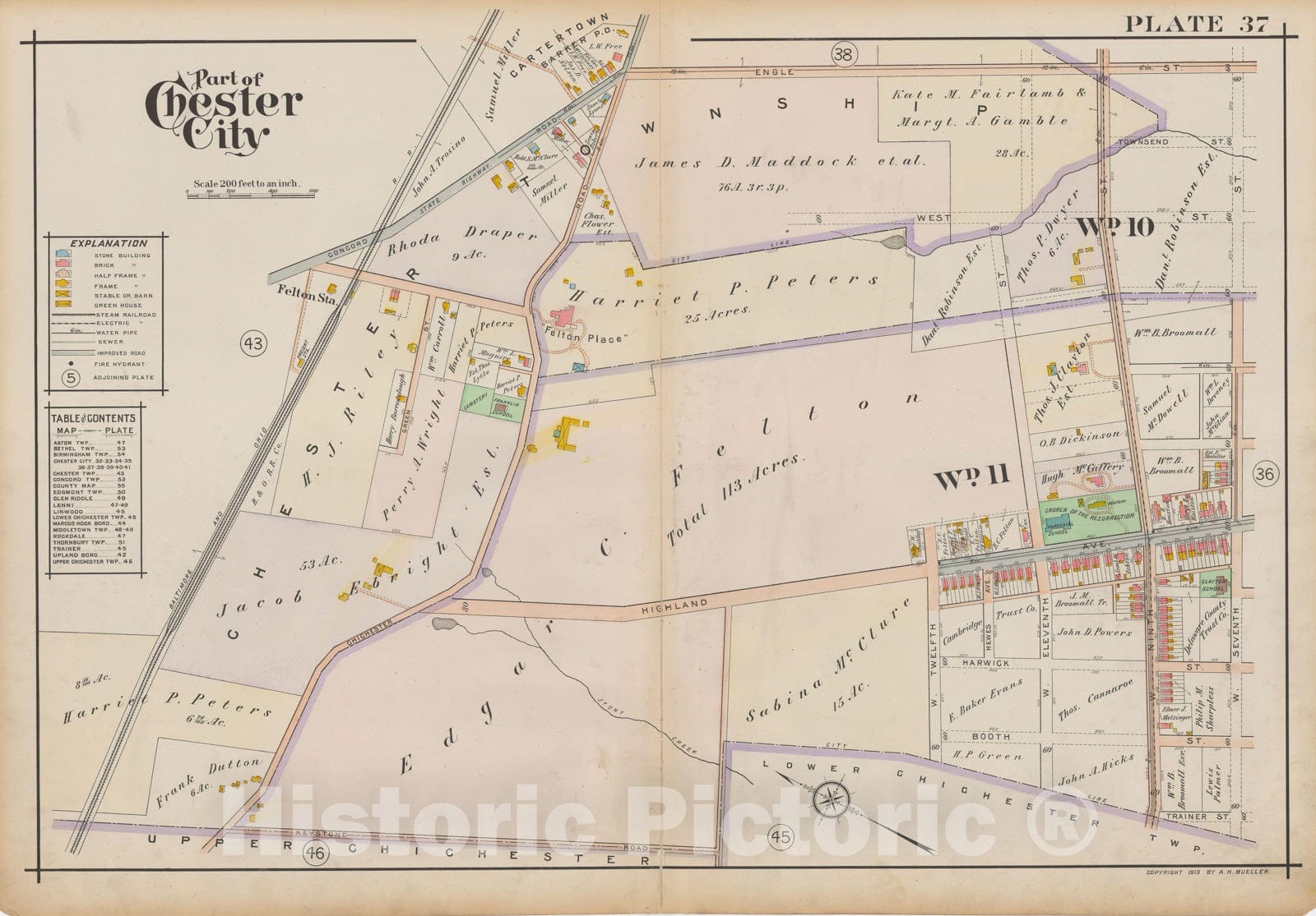 Historic Map : Atlas of Delaware County, West of Ridley Creek, Vol. Two, Chester City 1913 Plate 037 , Vintage Wall Art