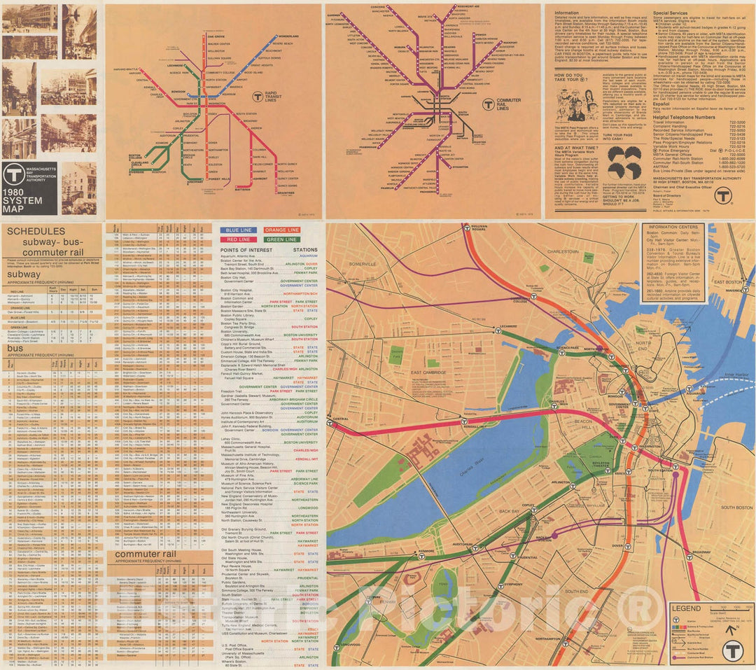 Historic Map : Greater Boston Transit Maps, MBTA System Map 1980 Railroad Catography , Vintage Wall Art