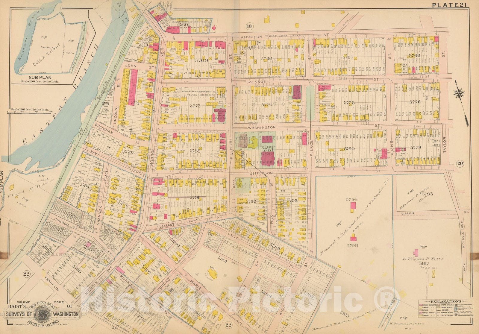 Historic Map : Atlas of Washington D.C. Volume 4 (NE, SE), Washington 1907 Plate 021 , Vintage Wall Art