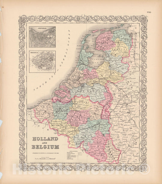 Historic Map : Netherlands & Belgium 1856 , Colton's Atlas World , Vintage Wall Art