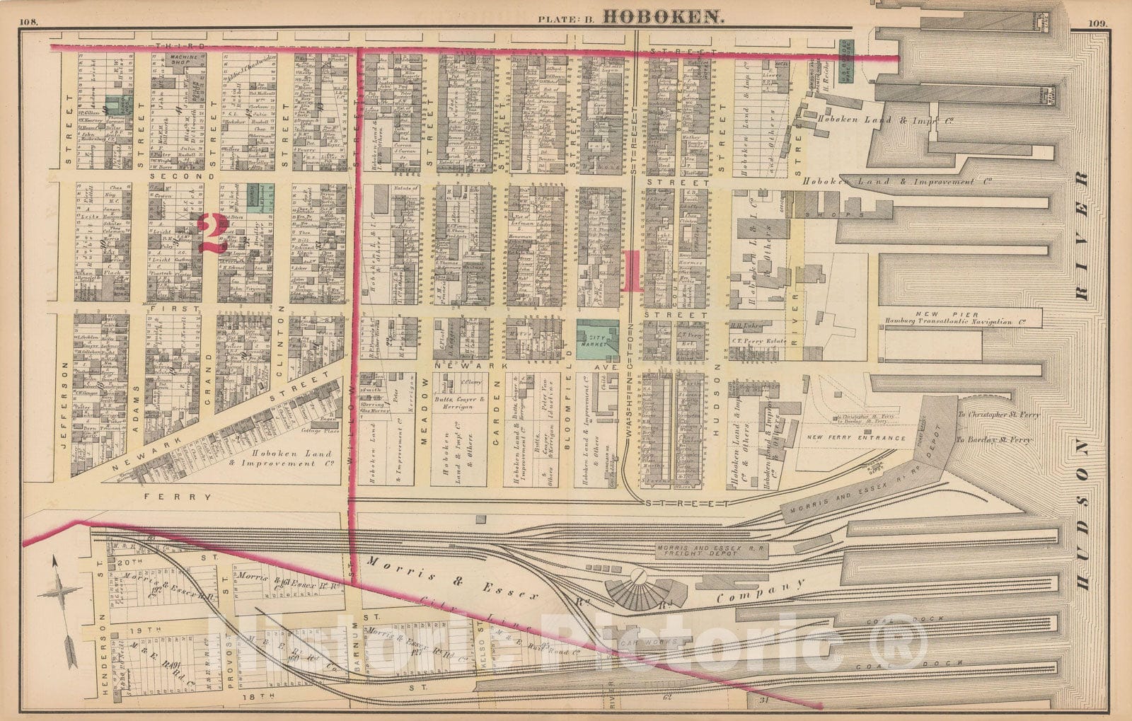 Historic Map : Combined Atlas State of New Jersey & The County of Hudson, Hoboken 1873 Plate B , Vintage Wall Art