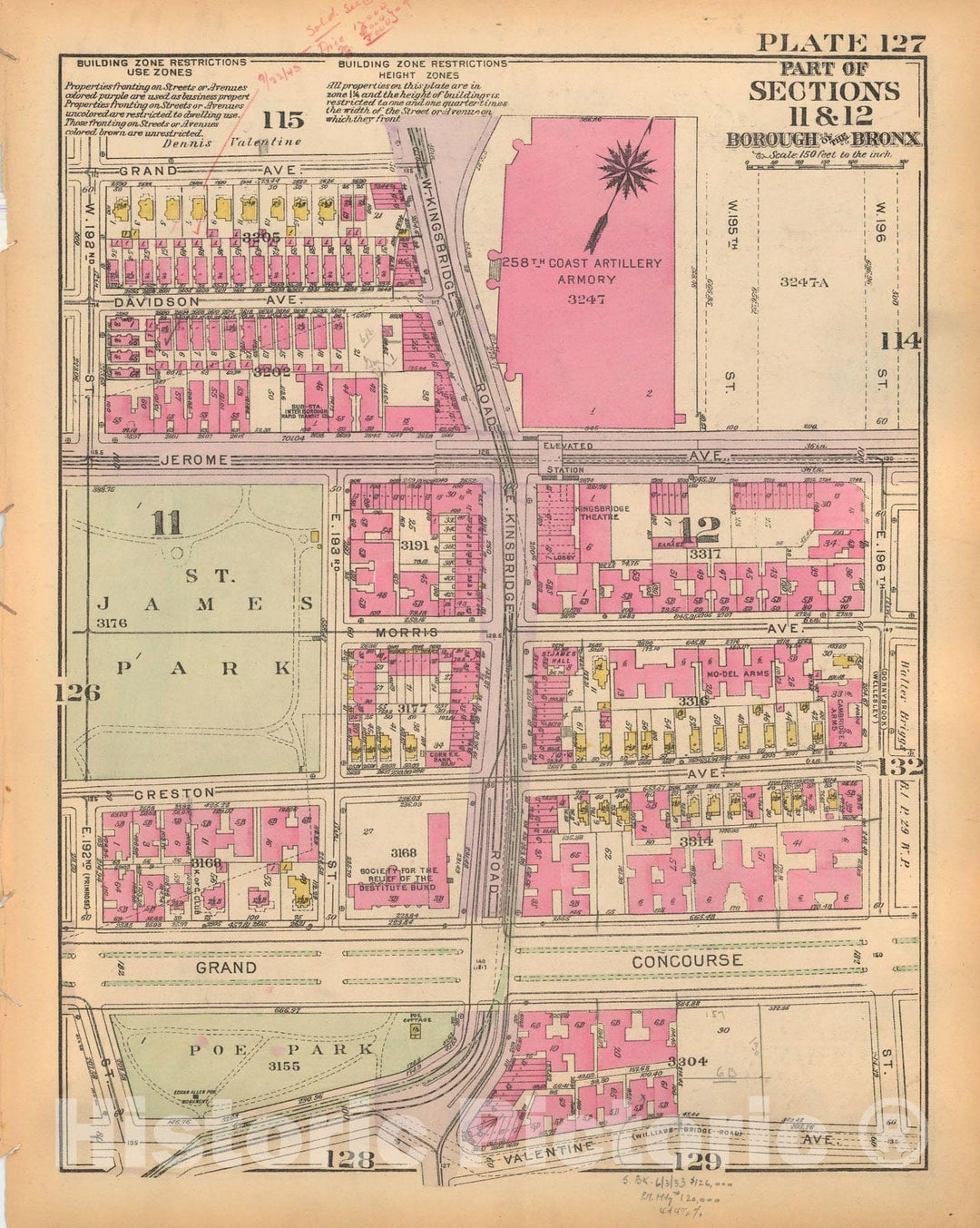 Historic Map : Borough of The Bronx, Sections 9-13, The Bronx 1928 Plate 127 , Vintage Wall Art