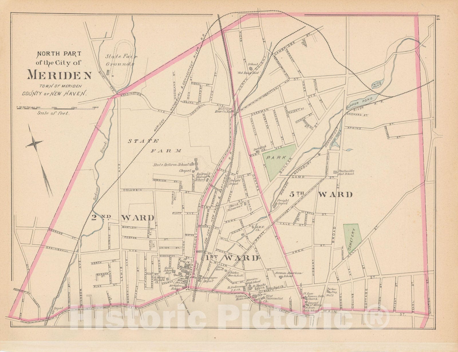 Historic Map : Meriden 1893 , Town and City Atlas State of Connecticut , v2, Vintage Wall Art