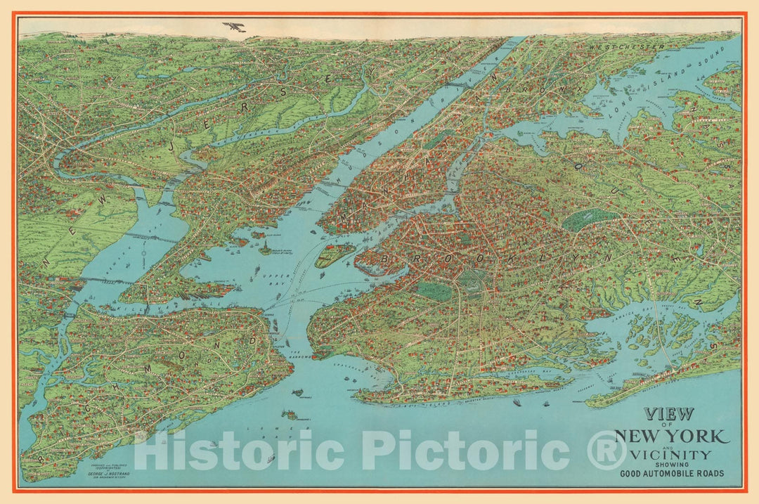 Historic Map : New York City 1920 Bird's Eye View , Vintage Wall Art