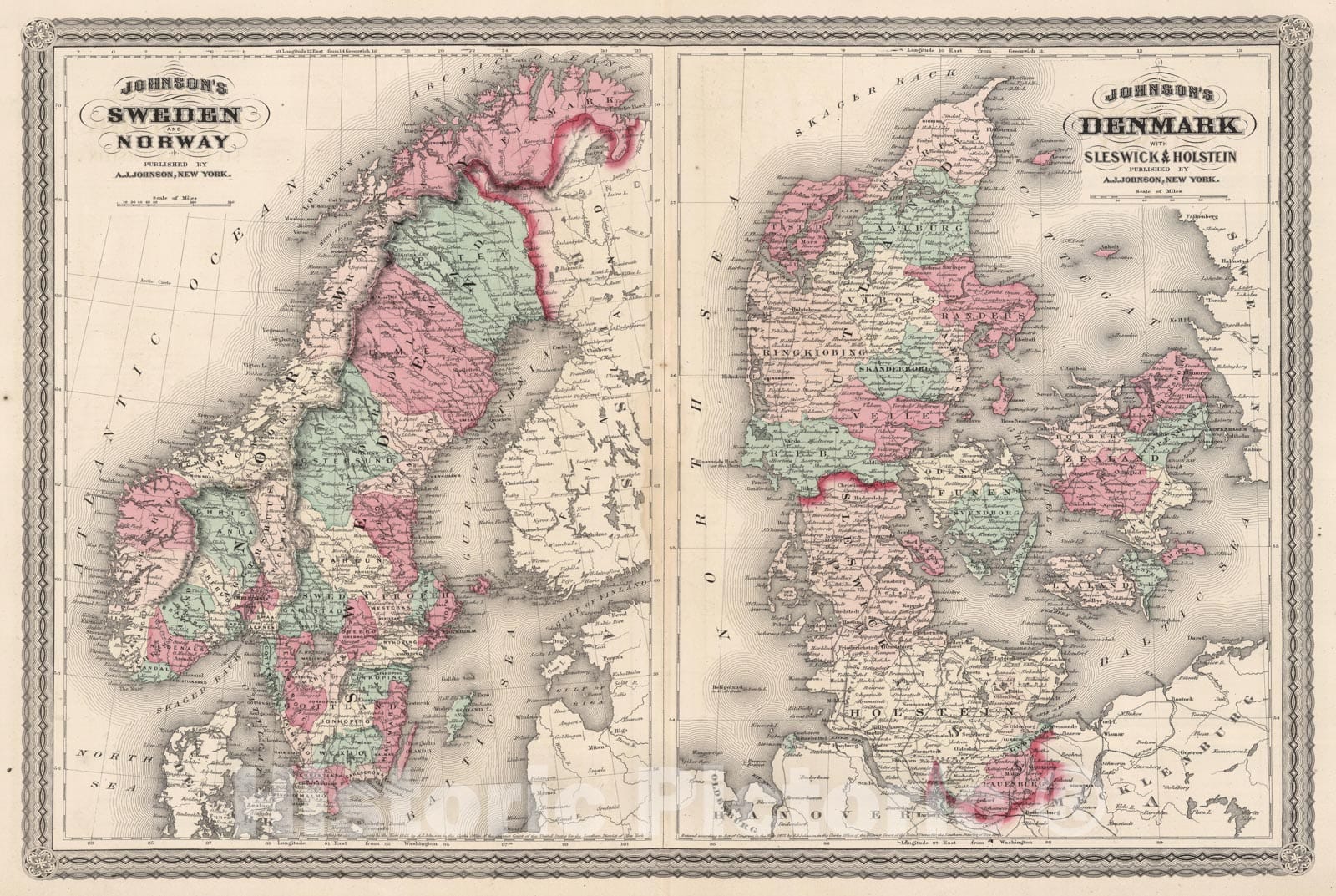 Historic Map : Family Atlas World, Sweden & Norway & Denmark 1873 , Vintage Wall Art