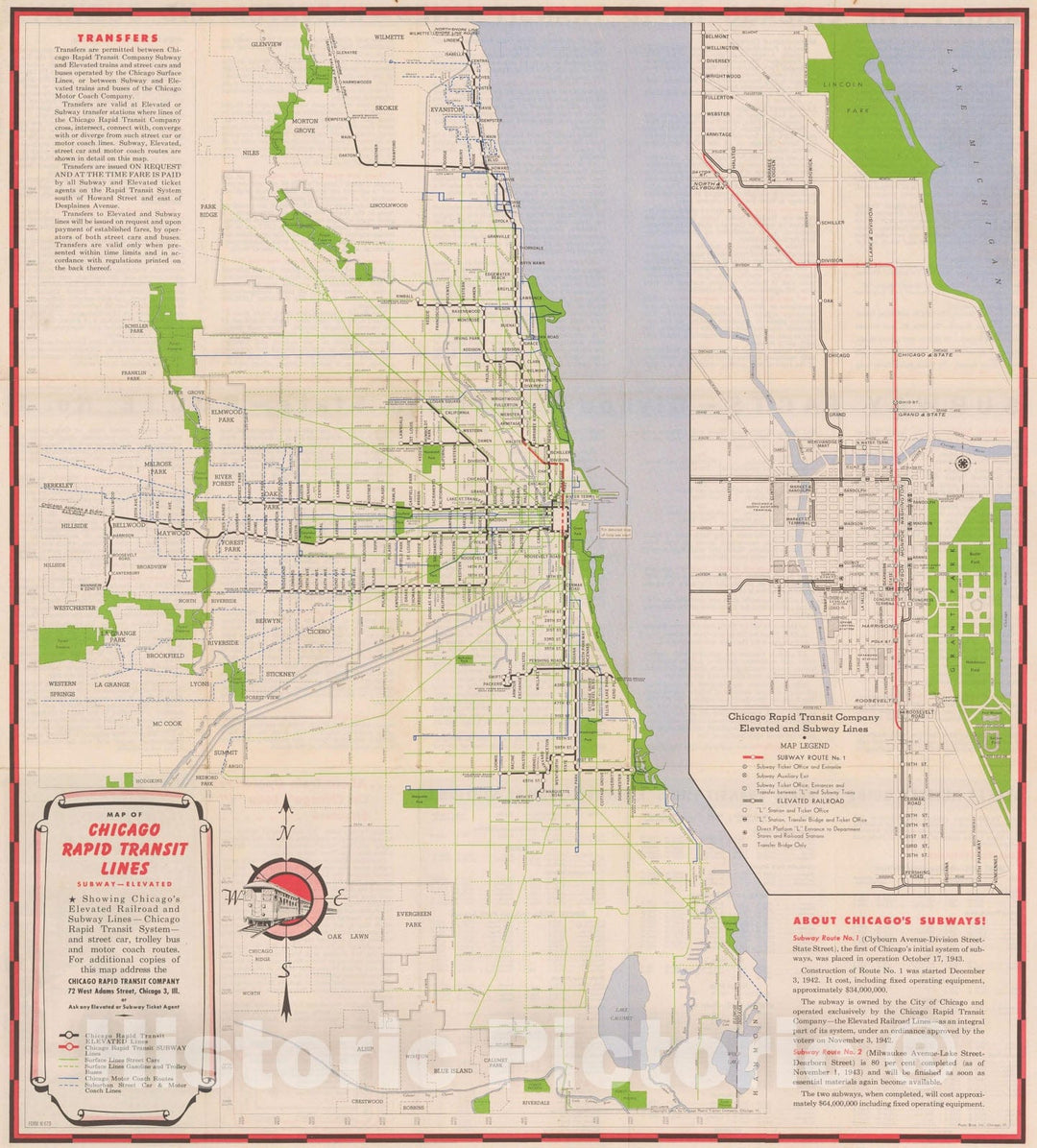 Historic Map : Chicago Transit Maps, Rapid Transit Lines 1943 Railroad Catography , Vintage Wall Art