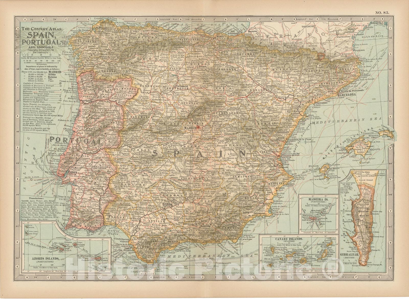 Historic Map : Spain & Portugal & Gibraltar 1914 , Century Atlas of the World, Vintage Wall Art