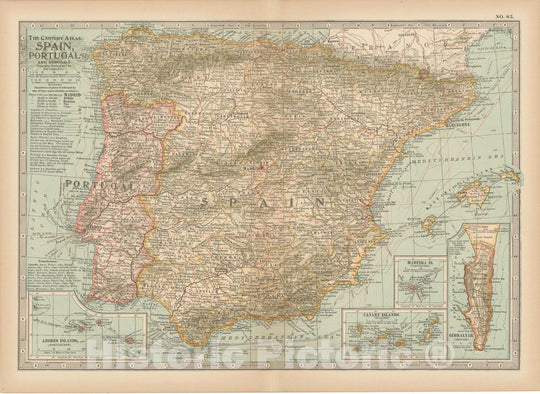 Historic Map : Spain & Portugal & Gibraltar 1914 , Century Atlas of the World, Vintage Wall Art