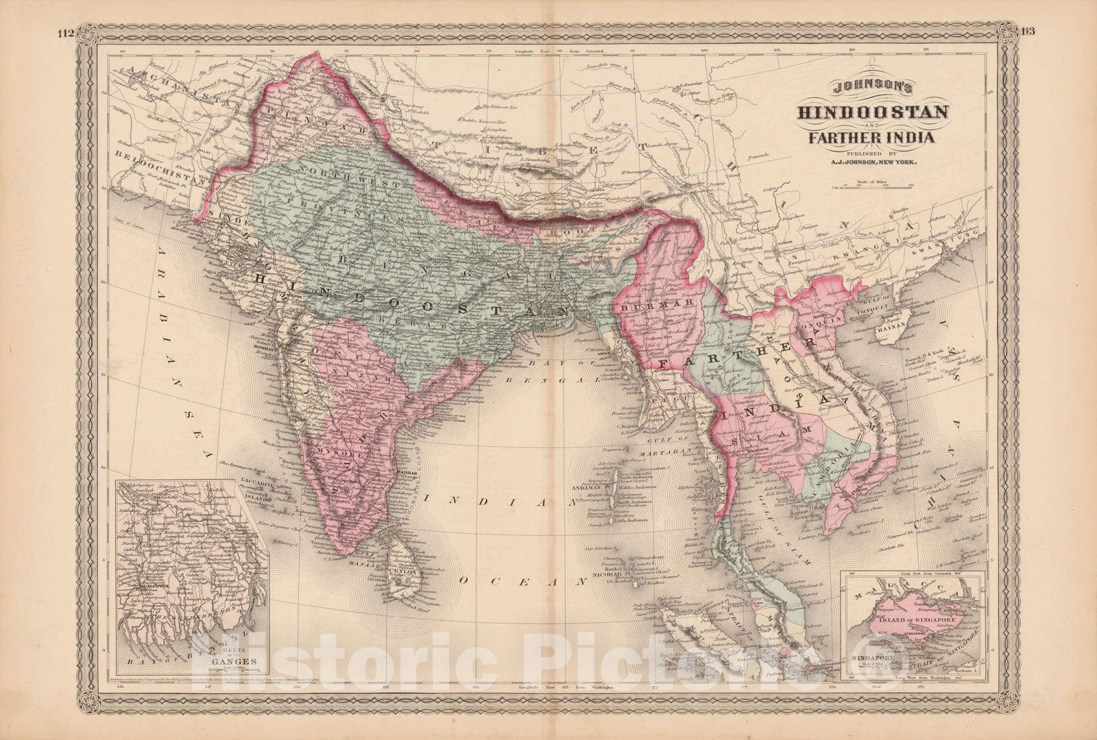 Historic Map : Family Atlas World, Hindostan & India 1873 , Vintage Wall Art