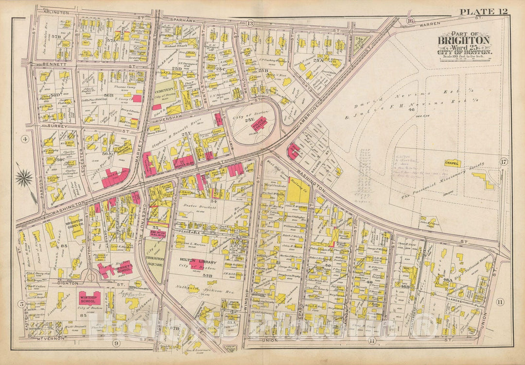 Historic Map : Atlas City of Boston Ward 25 Brighton, Brighton 1909 Plate 012 , Vintage Wall Art