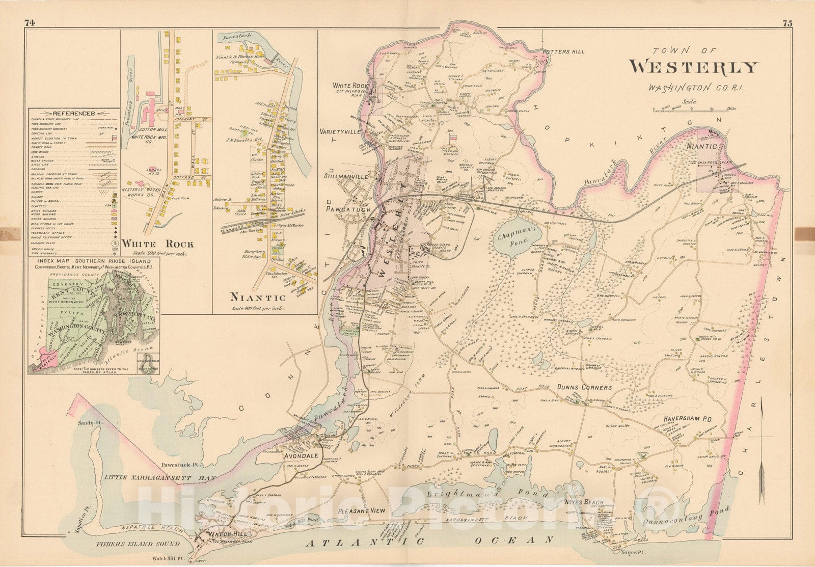 Historic Map : Atlas of Southern Rhode Island, Westerly 1895 , v3, Vintage Wall Art