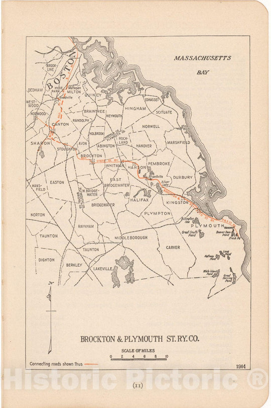 Historic Map : Brockton & Plymouth Street Railway Co. 1914 , North American Electric Power and Traction Companies , Vintage Wall Art