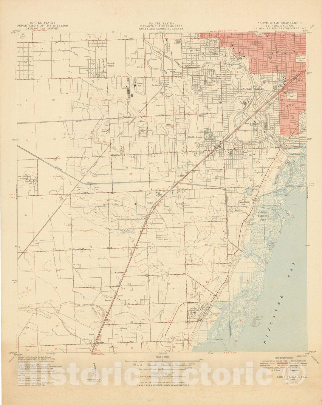 Historic Map : USGS 7.5 Minute Sheets and Quadrangles, Coral Gables & Miami & South Miami 1950 Topographic Map , Vintage Wall Art