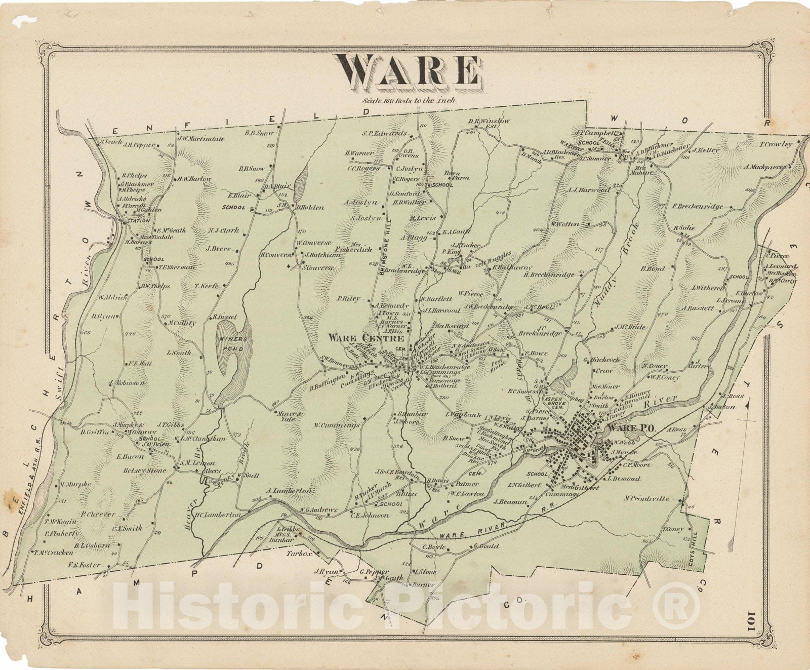 Historic Map : Atlas of Hampshire County Massachusetts, Ware 1873 , Vintage Wall Art