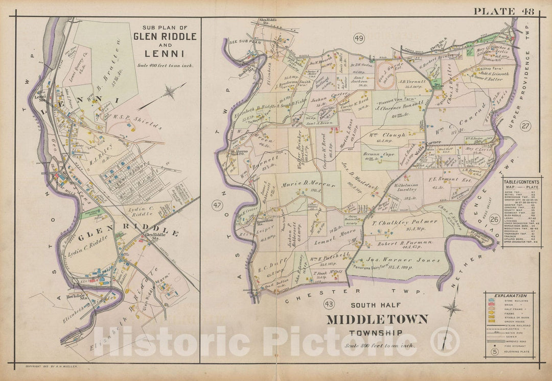 Historic Map : Atlas of Delaware County, West of Ridley Creek, Vol. Two, Middletown 1913 Plate 048 , Vintage Wall Art