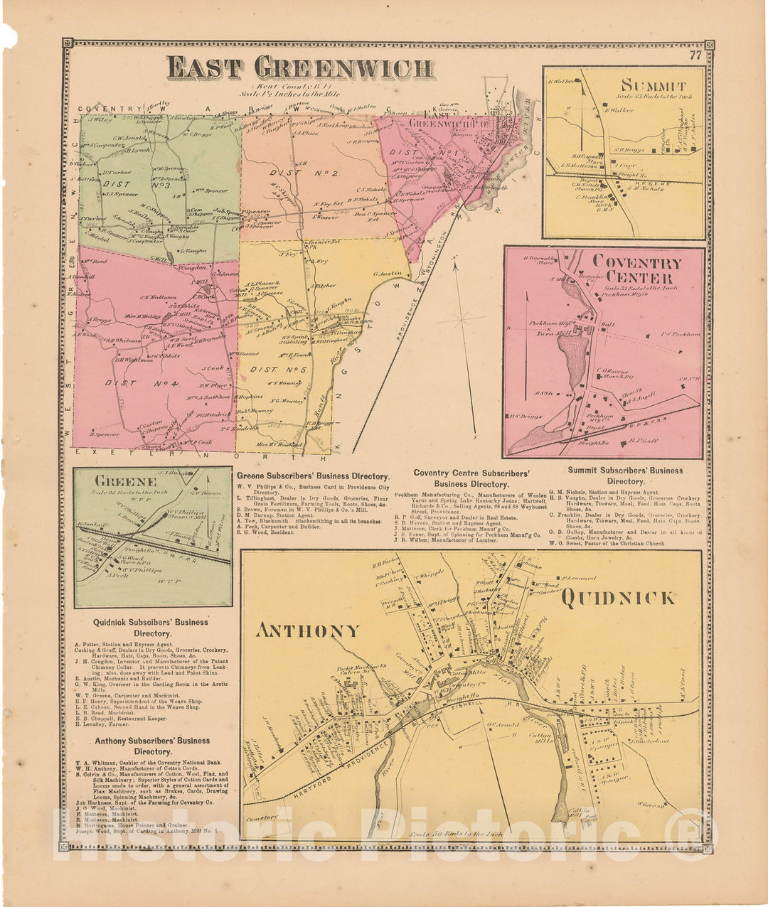 Historic Map : Atlas State of Rhode Island, Anthony & Coventry & East Greenwich & Quidneck 1870 , Vintage Wall Art