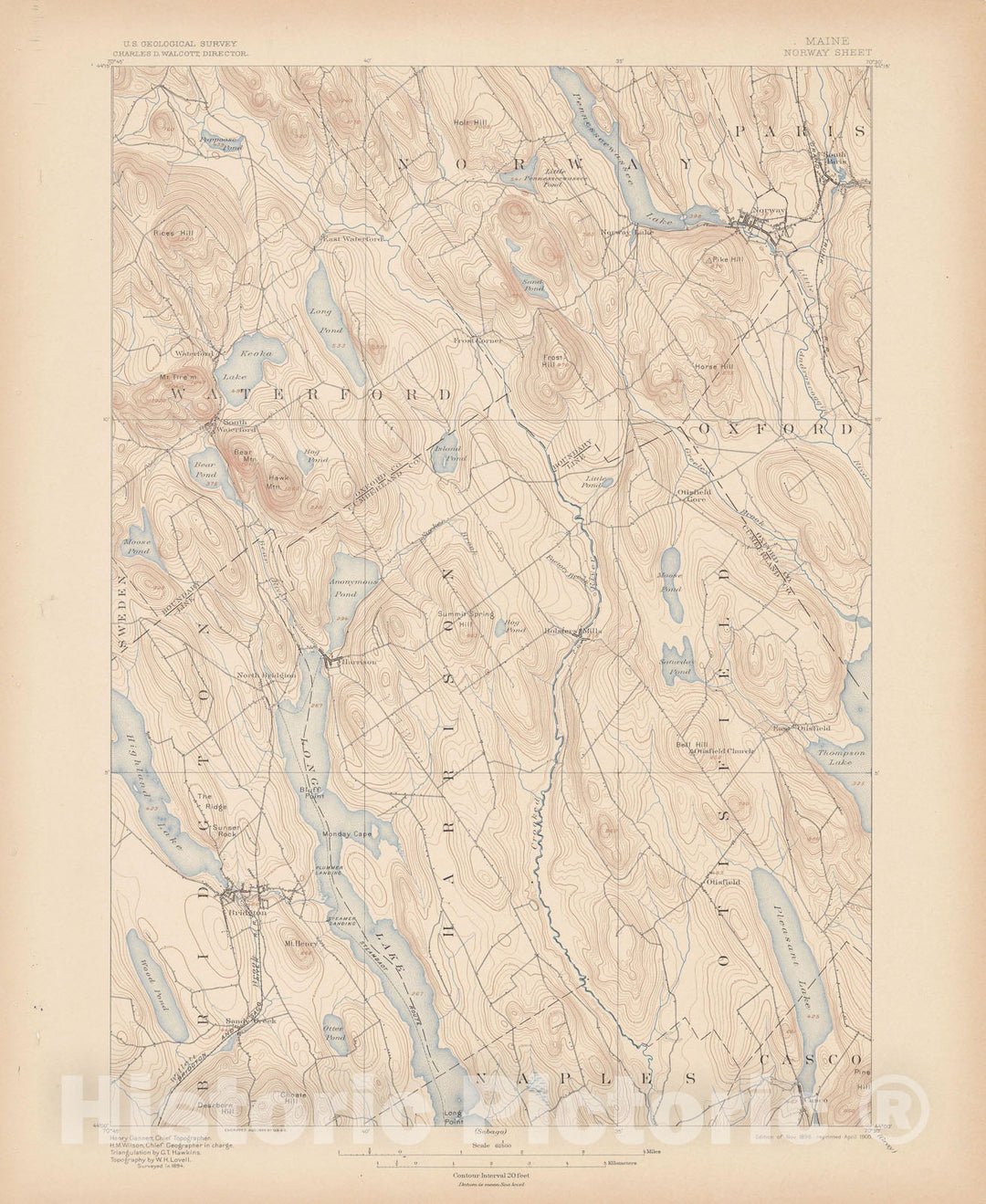 Historic Map : Atlas of Maine 1905, Bridgton & Casco & Harrison & Norway & Otisfield & Oxford & South Paris 1905 Topographic Map , Wall Decor Poster Art, Vintage Wall Art