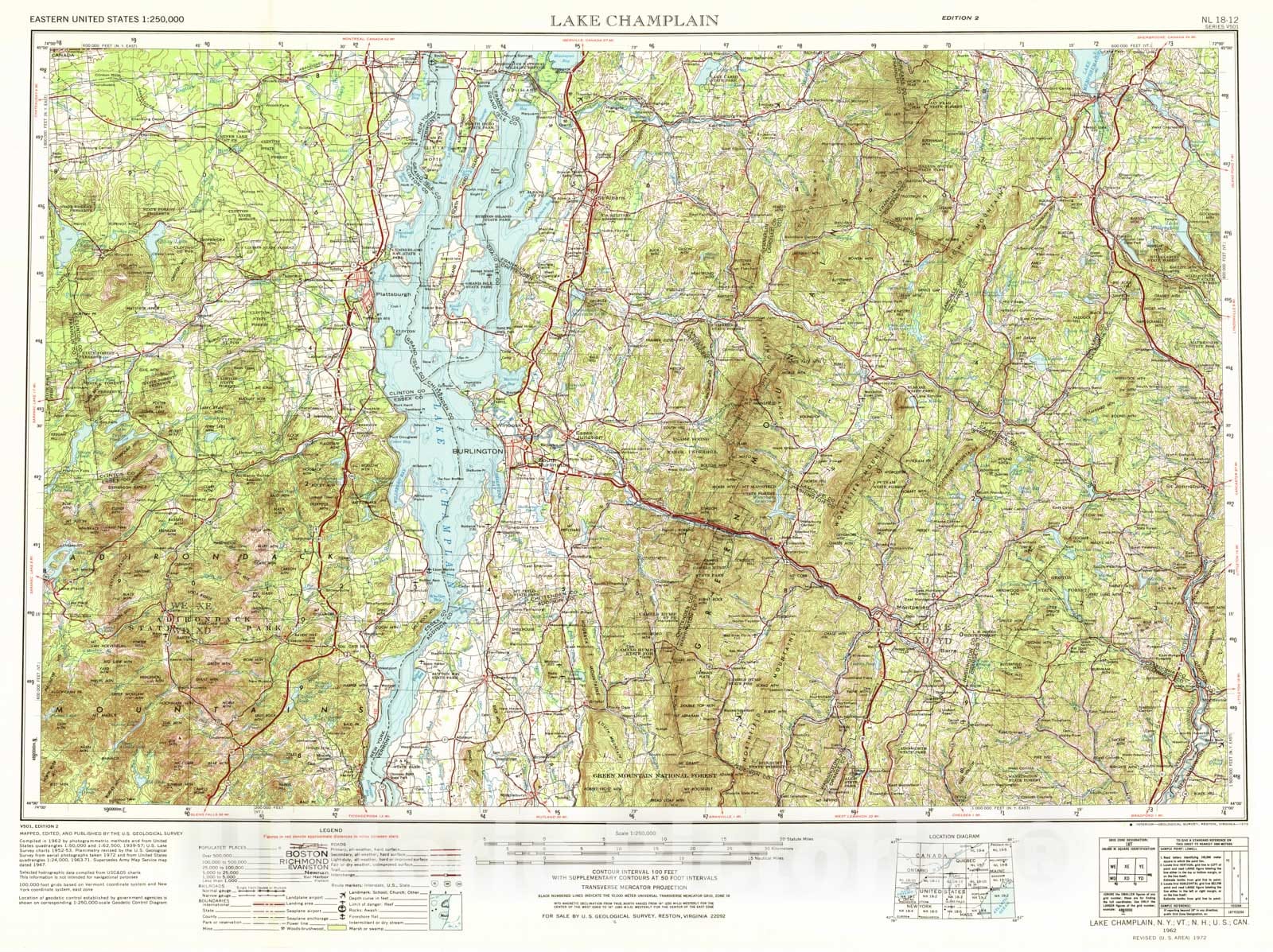 Historic Map : USGS 1:250,000 Topographic Maps, Burlington & Lake Champlain 1975 , Vintage Wall Art