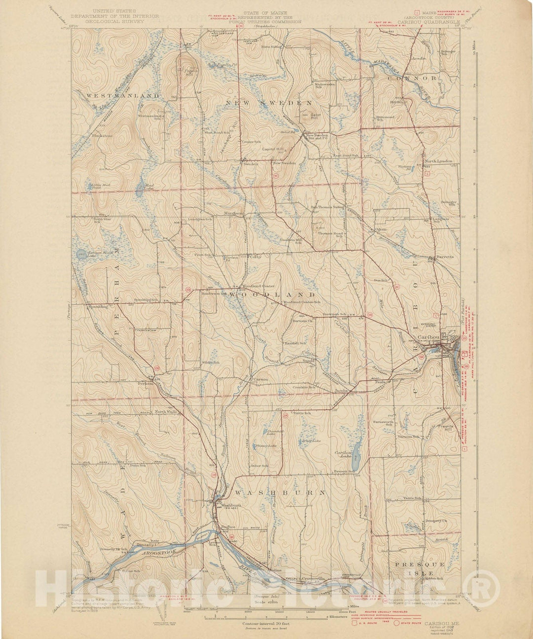 Historic Map : USGS 7.5 Minute Sheets and Quadrangles, Caribou & New Sweden & Washburn & Woodland 1943 Topographic Map , Vintage Wall Art