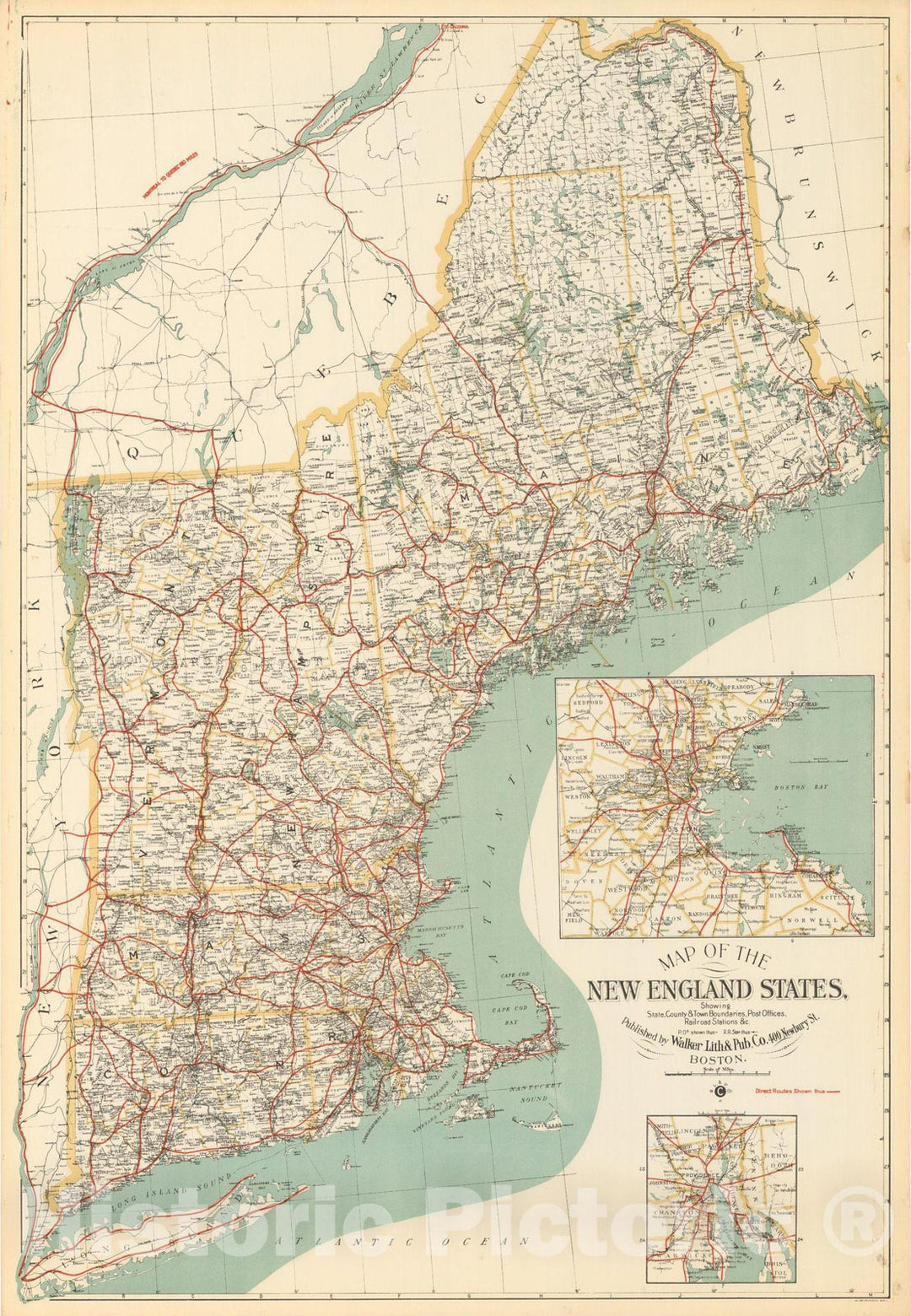 Historic Map : New England 1910 , Northeast U.S. State & City Maps , Vintage Wall Art