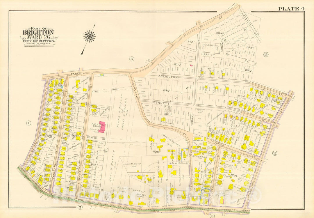 Historic Map : Atlas City of Boston, Wards 25 & 26 Brighton, Brighton 1916 Plate 004 , Vintage Wall Art
