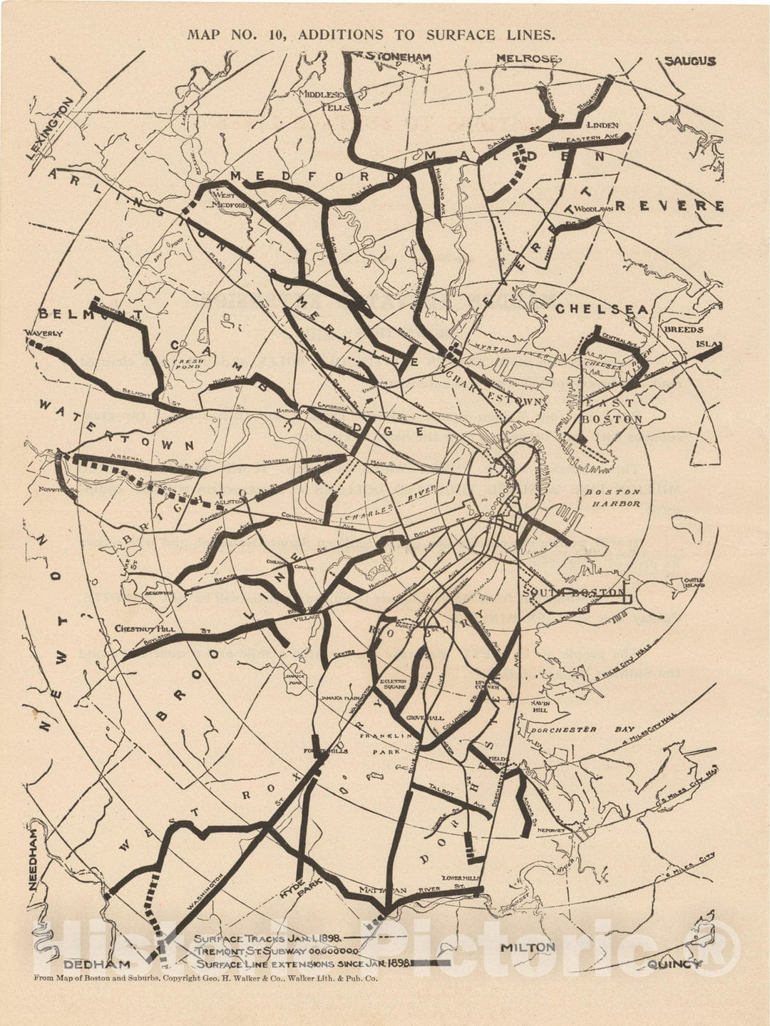 Historic Map : Boston Elevated Railway Co. Informational Maps, Map 10: Additions to Surface Lines 1910 Transit Railroad Catography , Vintage Wall Art