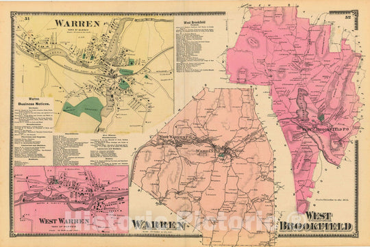 Historic Map : Atlas of Worcester County, Massachsuetts, Warren & West Brookfield 1870 , Vintage Wall Art