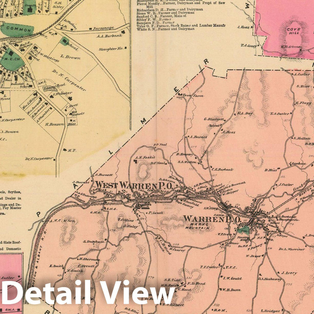 Historic Map : Atlas of Worcester County, Massachsuetts, Warren & West Brookfield 1870 , Vintage Wall Art