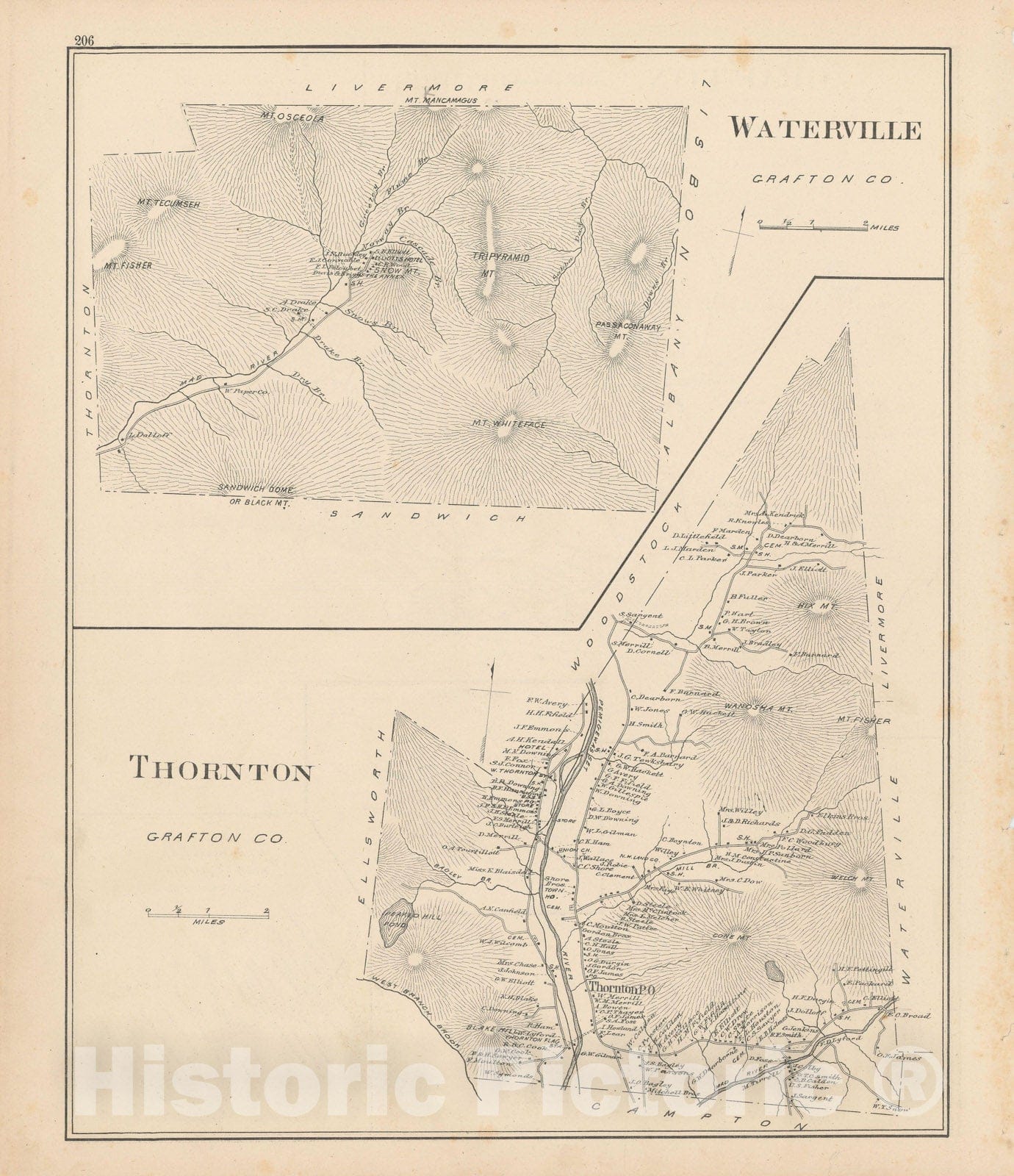 Historic Map : Thornton & Waterville 1892 , Town and City Atlas State of New Hampshire , Vintage Wall Art