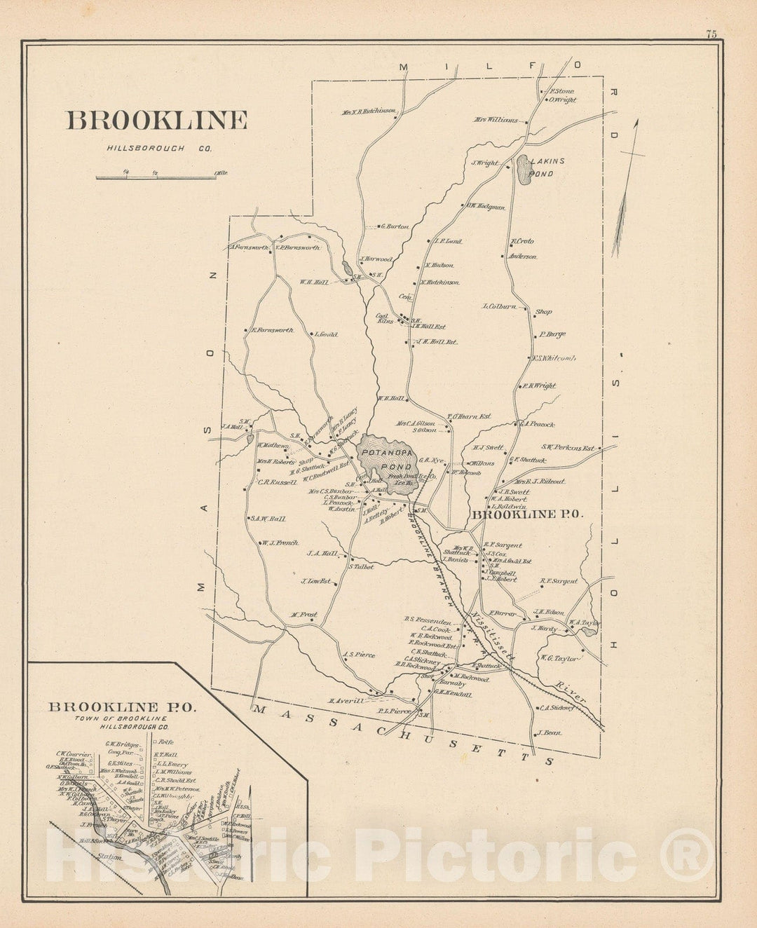 Historic Map : Brookline 1892 , Town and City Atlas State of New Hampshire , Vintage Wall Art