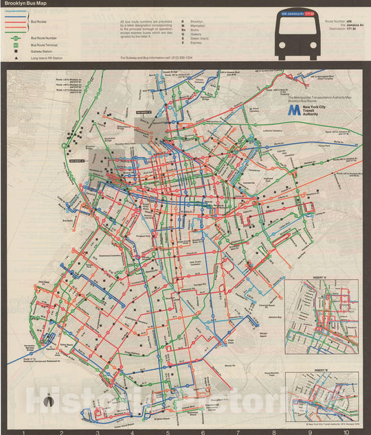 Historic Map : New York City Transit Maps, Brooklyn Bus Map 1976 Railroad Catography , Vintage Wall Art