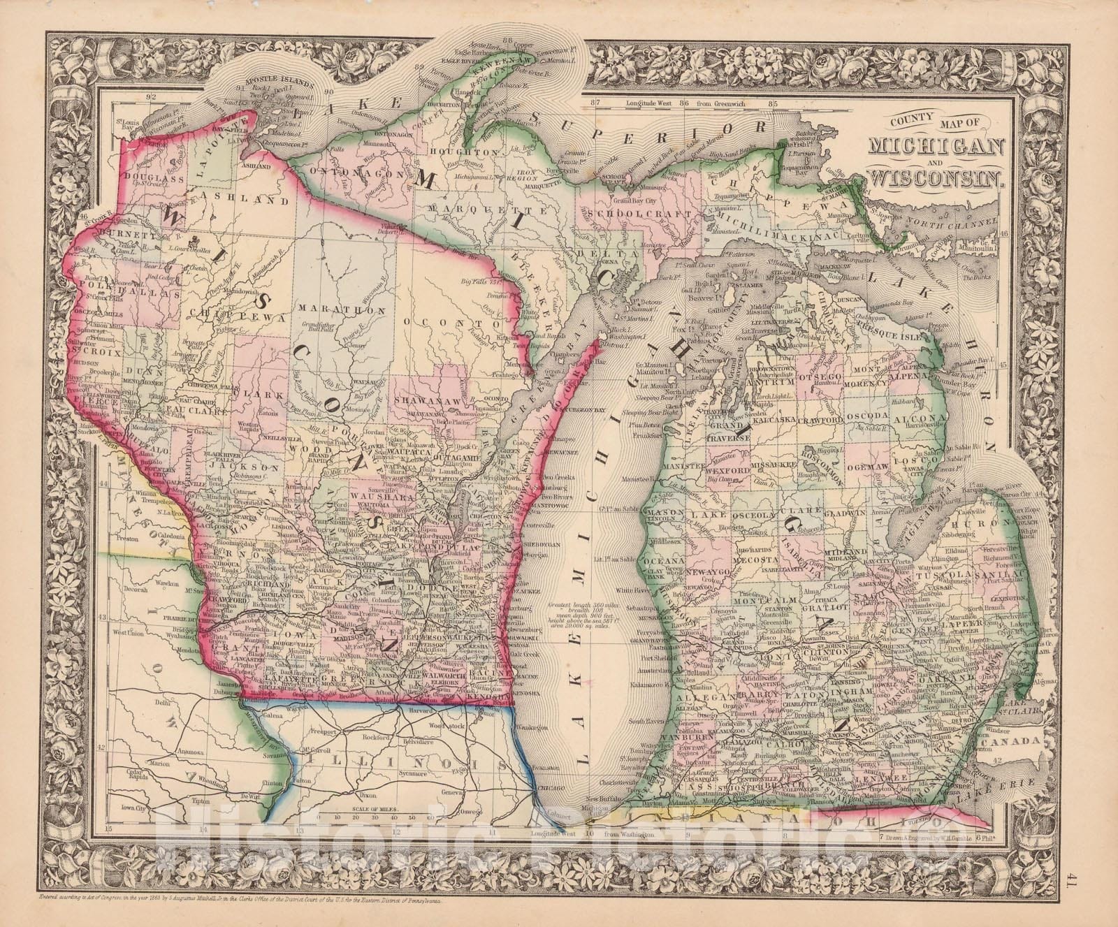 Historic Map : Michigan & Wisconsin 1864 , New General (World) Atlas , Vintage Wall Art