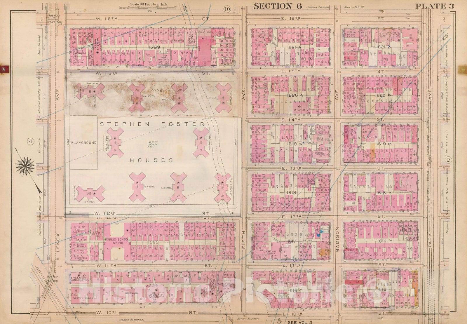 Historic Map : Atlas City of New York, Borough of Manhattan, Volume 4, 110th St to 145th St, Manhattan 1914 Plate 003 , Vintage Wall Art