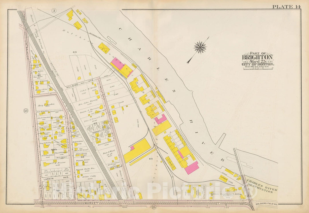 Historic Map : Atlas City of Boston Ward 25 Brighton, Allston 1909 Plate 014 , Vintage Wall Art