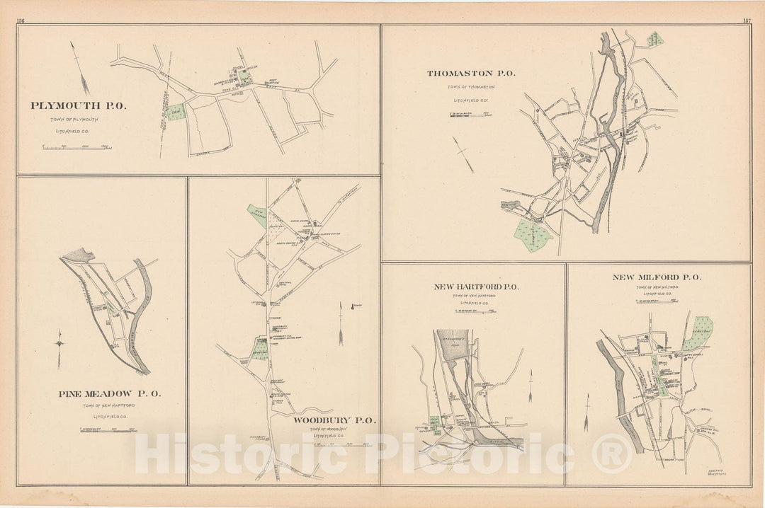 Historic Map : New Hartford & New Milford & Plymouth & Thomaston & Woodbury 1893 , Town and City Atlas State of Connecticut , Vintage Wall Art