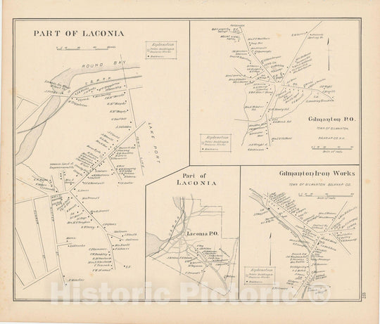 Historic Map : Gilmanton & Laconia 1892 , Town and City Atlas State of New Hampshire , Vintage Wall Art