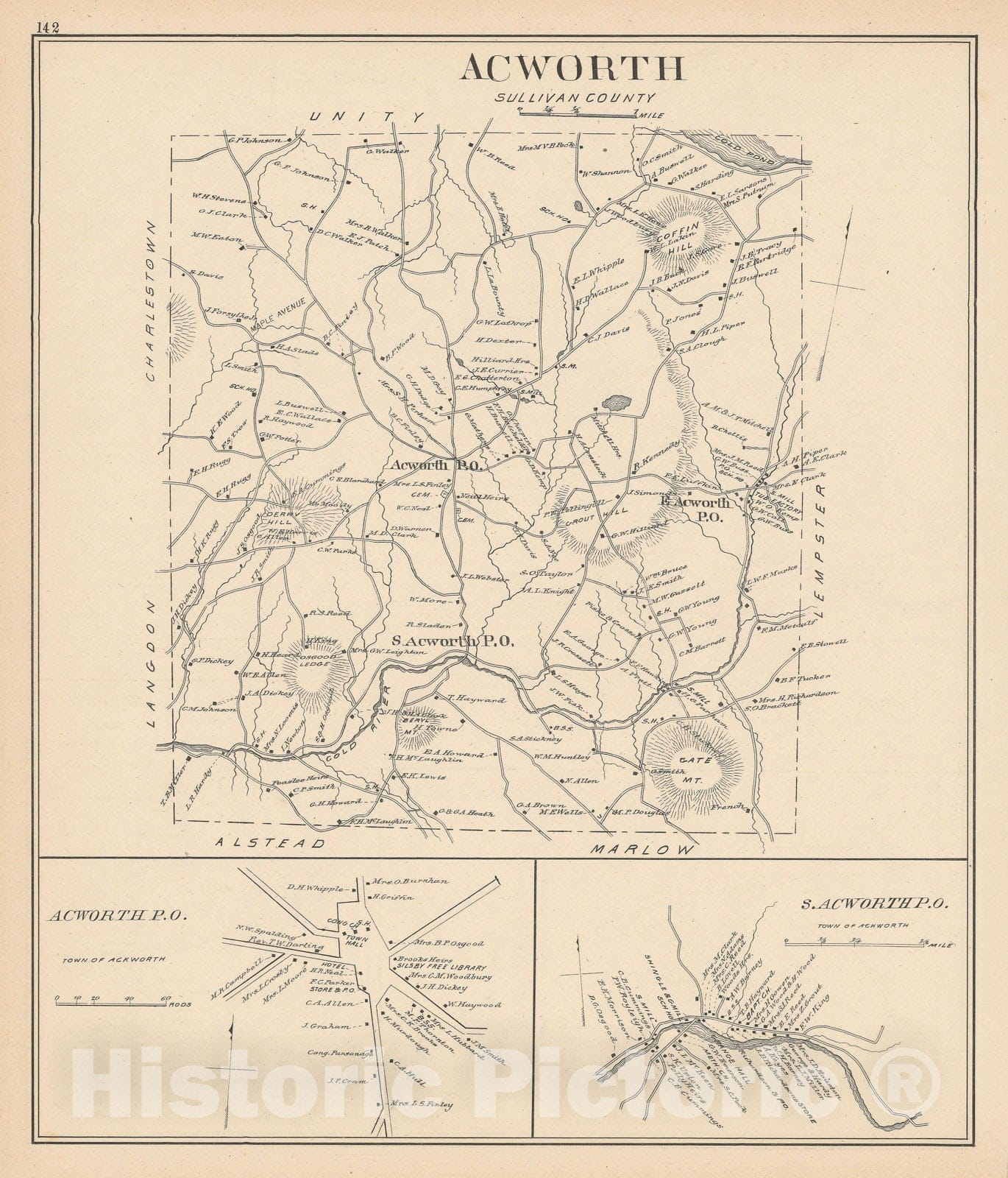 Historic Map : Acworth 1892 , Town and City Atlas State of New Hampshire , Vintage Wall Art