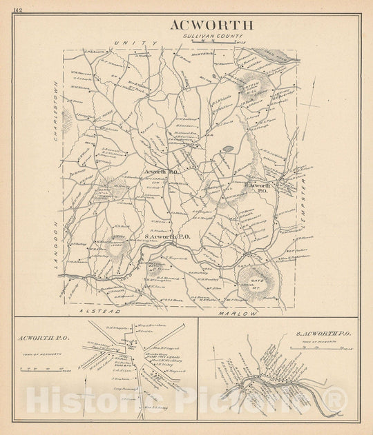 Historic Map : Acworth 1892 , Town and City Atlas State of New Hampshire , Vintage Wall Art