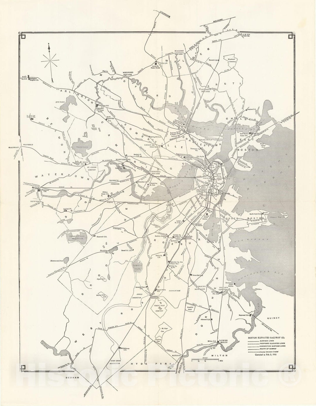 Historic Map : Greater Boston Transit Maps, Boston Elevated Railway 1910 Railroad Catography , Vintage Wall Art