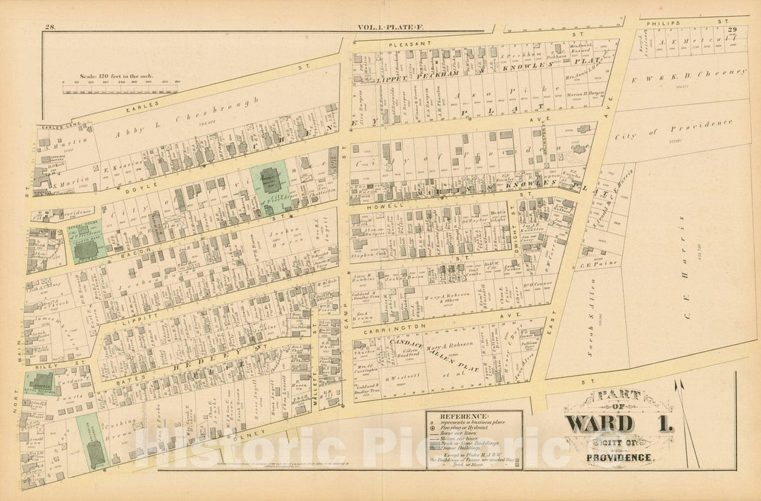 Historic Map : City Atlas of Providence Rhode Island by Wards, Volume I, Providence 1875 Plate F , Vintage Wall Art