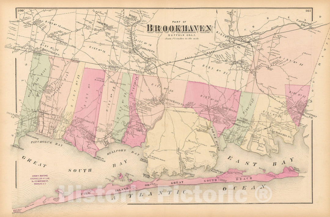 Historic Map : Atlas of Long Island, New York, Brookhaven 1873 , v4, Vintage Wall Art