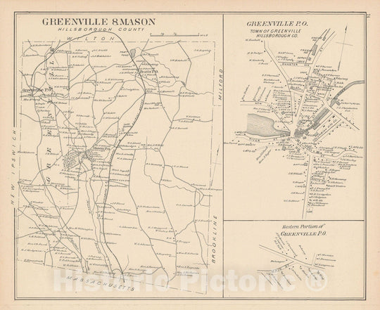 Historic Map : Greenville & Mason 1892 , Town and City Atlas State of New Hampshire , Vintage Wall Art