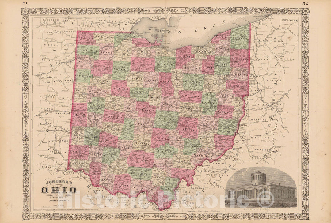 Historic Map : Ohio 1865 , Johnson's Family Atlas , Vintage Wall Art