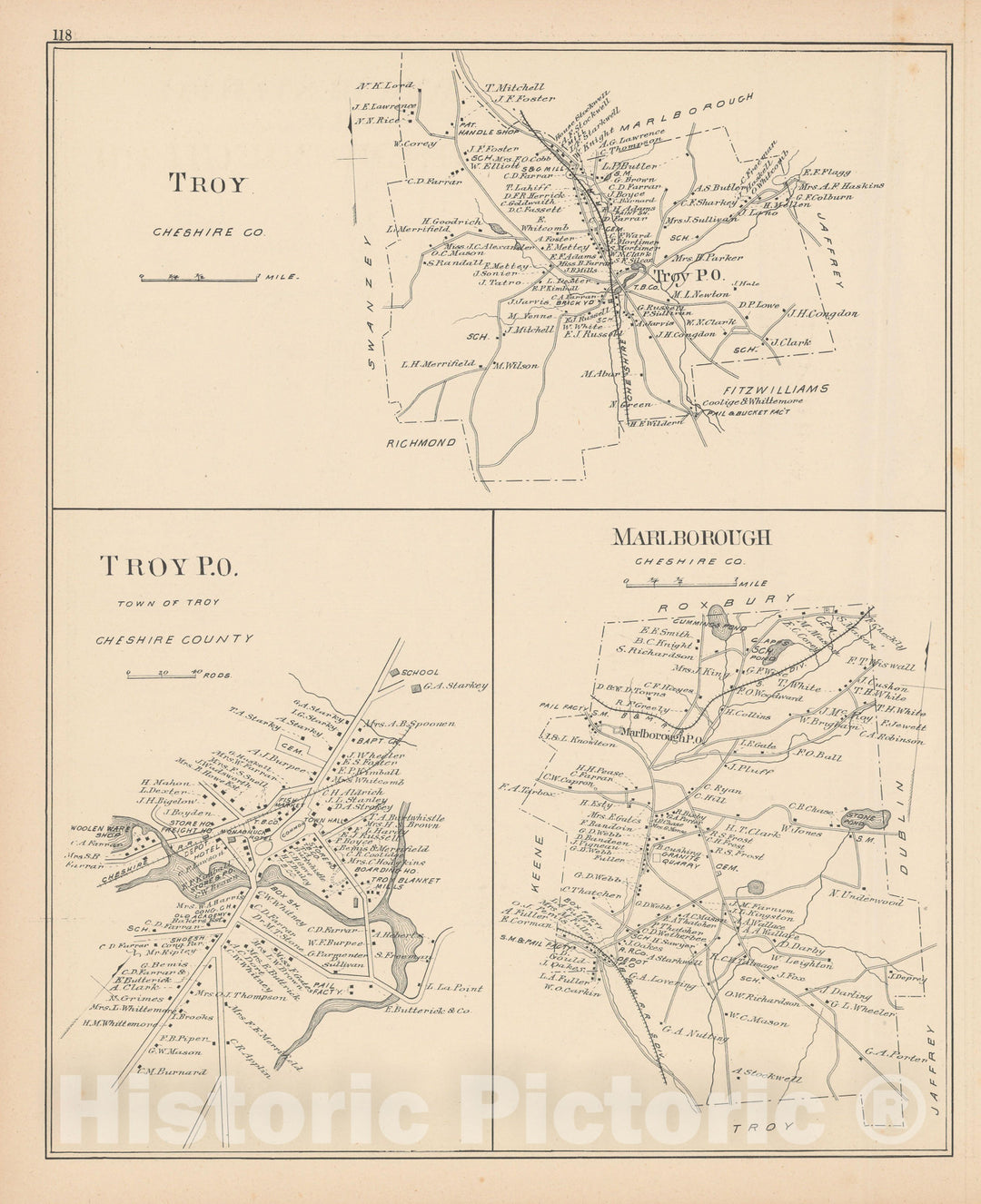 Historic Map : Marlborough & Troy 1892 , Town and City Atlas State of New Hampshire , Vintage Wall Art