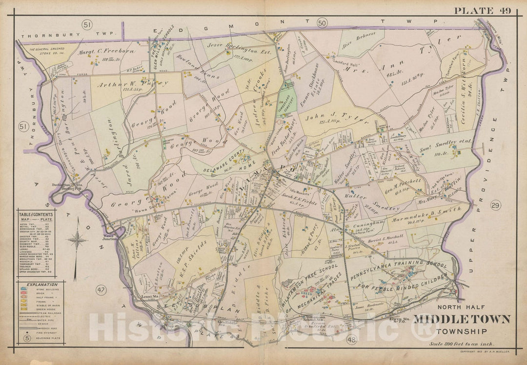 Historic Map : Atlas of Delaware County, West of Ridley Creek, Vol. Two, Middletown 1913 Plate 049 , Vintage Wall Art