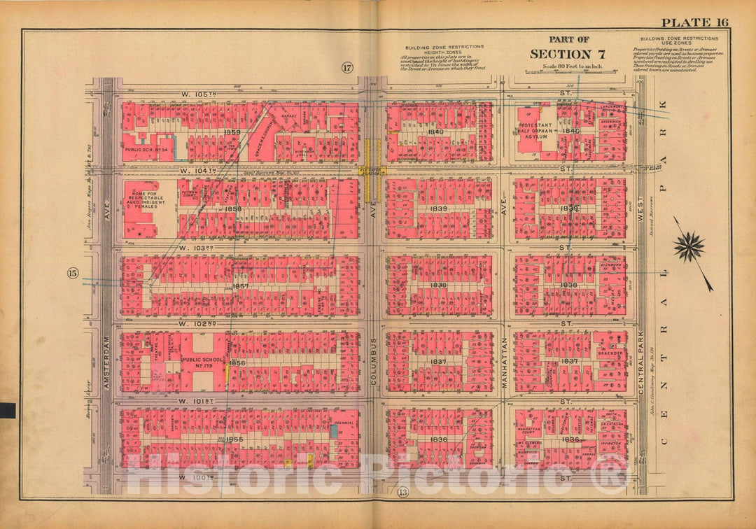 Historic Map : Atlas City of New York, Borough of Manhattan, Volume 3, 59th St to 110th St, Manhattan 1921 Plate 016 , Vintage Wall Art