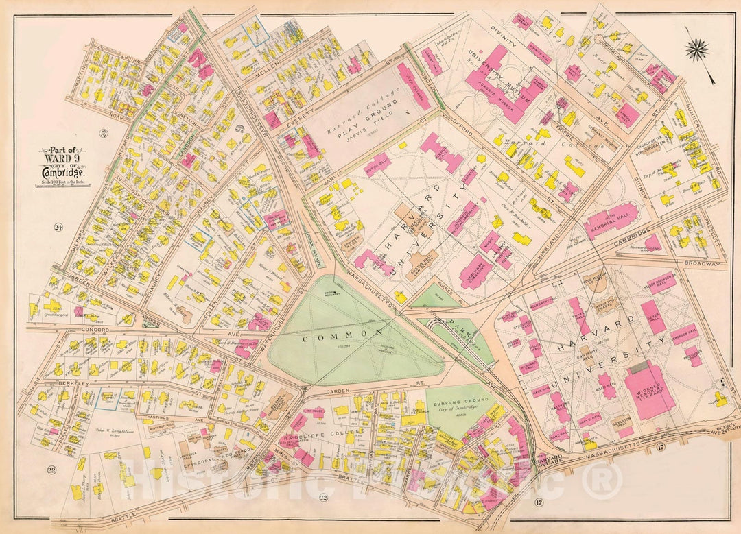 Historic Map : Cambridge Commons Ward 9, Cambridge 1916 , Vintage Wall Art