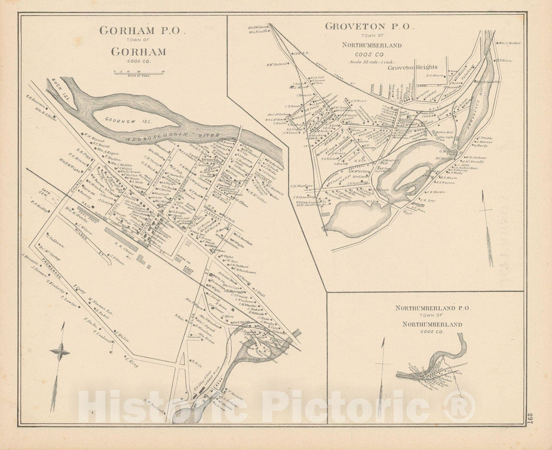 Historic Map : Gorham & Groveton & Northumberland 1892 , Town and City Atlas State of New Hampshire , Vintage Wall Art